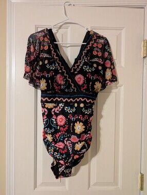 BloomChic Floral V-Neck Black Wrap-Style Women's Swimsuit With Skirt